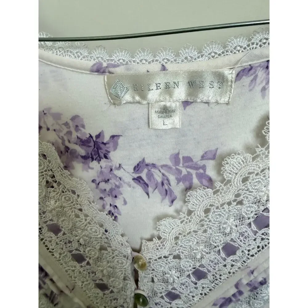 Eileen West Wisteria Cap Sleeve V-Neck Nightgown White Purple Women's Large